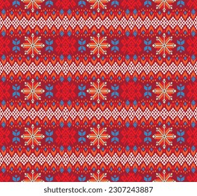 Vector nordic ornament. winter scandinavian seamless pattern, border design for fashion fabric, knit, textile, cross embroidery. Norwegian background with red and blue colors