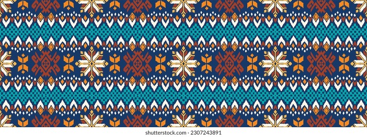 Vector nordic ornament. winter scandinavian seamless pattern, border design for fashion fabric, knit, textile, cross embroidery. Norwegian background with red and blue colors