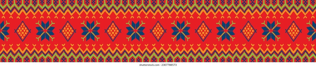Vector nordic ornament. winter scandinavian seamless pattern, border design for fashion fabric, knit, textile, cross embroidery. Norwegian background with red and blue colors