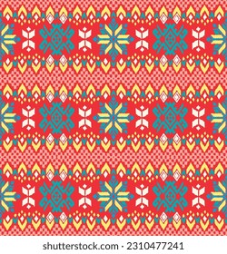 Vector nordic ornament. winter scandinavian seamless pattern, border design for fashion fabric, knit, textile, cross embroidery. Norwegian background with red and blue colors