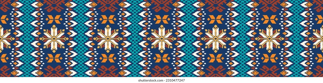Vector nordic ornament. winter scandinavian seamless pattern, border design for fashion fabric, knit, textile, cross embroidery. Norwegian background with red and blue colors
