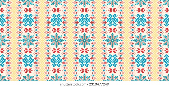 Vector nordic ornament. winter scandinavian seamless pattern, border design for fashion fabric, knit, textile, cross embroidery. Norwegian background with red and blue colors
