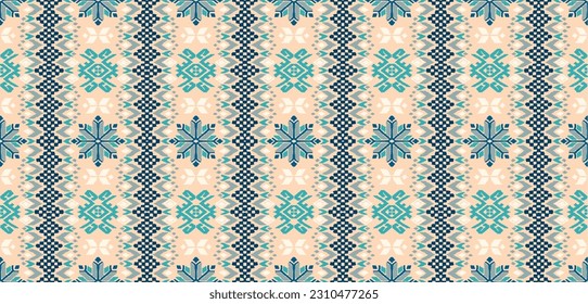 Vector nordic ornament. winter scandinavian seamless pattern, border design for fashion fabric, knit, textile, cross embroidery. Norwegian background with red and blue colors