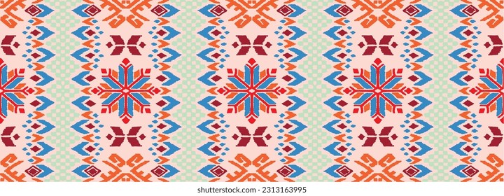 Vector nordic ornament. winter scandinavian seamless pattern, border design for fashion fabric, knit, textile, cross embroidery. Norwegian background with red and blue colors