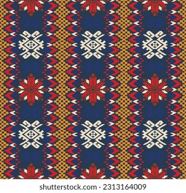 Vector nordic ornament. winter scandinavian seamless pattern, border design for fashion fabric, knit, textile, cross embroidery. Norwegian background with red and blue colors