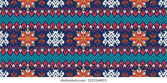 Vector nordic ornament. winter scandinavian seamless pattern, border design for fashion fabric, knit, textile, cross embroidery. Norwegian background with red and blue colors
