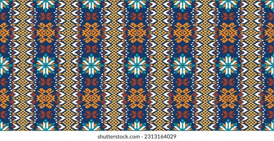 Vector nordic ornament. winter scandinavian seamless pattern, border design for fashion fabric, knit, textile, cross embroidery. Norwegian background with red and blue colors