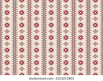 Vector nordic ornament. winter scandinavian seamless pattern, border design for fashion fabric, knit, textile, cross embroidery. Norwegian background with red and blue colors