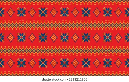 Vector nordic ornament. winter scandinavian seamless pattern, border design for fashion fabric, knit, textile, cross embroidery. Norwegian background with red and blue colors