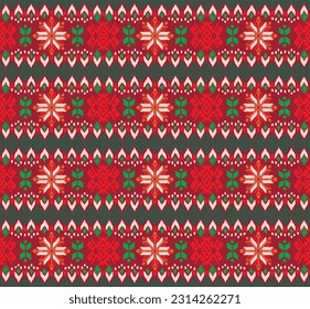 Vector nordic ornament. winter scandinavian seamless pattern, border design for fashion fabric, knit, textile, cross embroidery. Norwegian background with red and blue colors