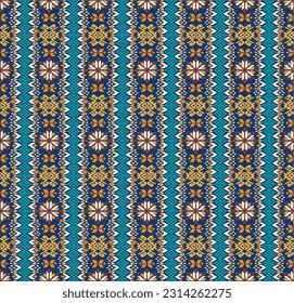 Vector nordic ornament. winter scandinavian seamless pattern, border design for fashion fabric, knit, textile, cross embroidery. Norwegian background with red and blue colors