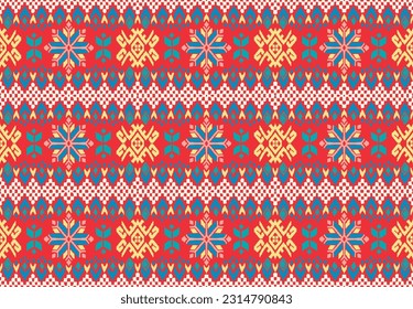 Vector nordic ornament. winter scandinavian seamless pattern, border design for fashion fabric, knit, textile, cross embroidery. Norwegian background with red and blue colors