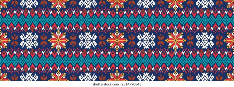 Vector nordic ornament. winter scandinavian seamless pattern, border design for fashion fabric, knit, textile, cross embroidery. Norwegian background with red and blue colors