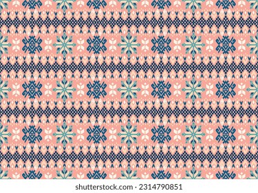 Vector nordic ornament. winter scandinavian seamless pattern, border design for fashion fabric, knit, textile, cross embroidery. Norwegian background with red and blue colors
