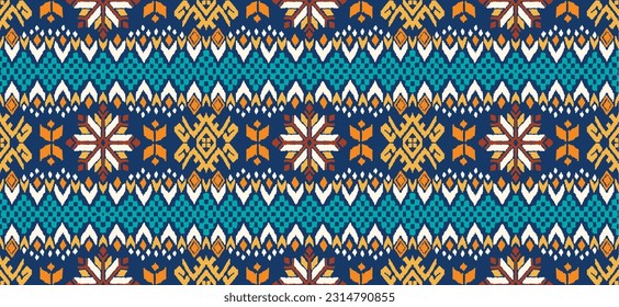 Vector nordic ornament. winter scandinavian seamless pattern, border design for fashion fabric, knit, textile, cross embroidery. Norwegian background with red and blue colors