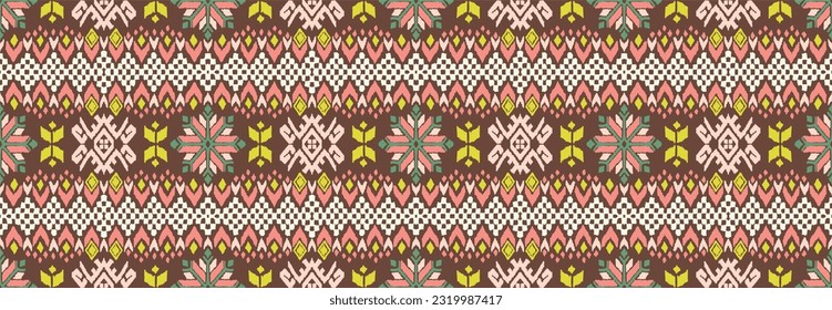 Vector nordic ornament. winter scandinavian seamless pattern, border design for fashion fabric, knit, textile, cross embroidery. Norwegian background with red and blue colors