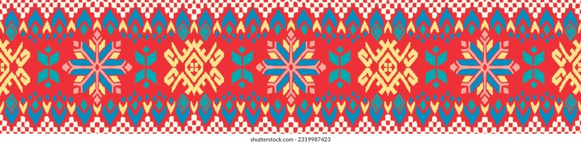 Vector nordic ornament. winter scandinavian seamless pattern, border design for fashion fabric, knit, textile, cross embroidery. Norwegian background with red and blue colors