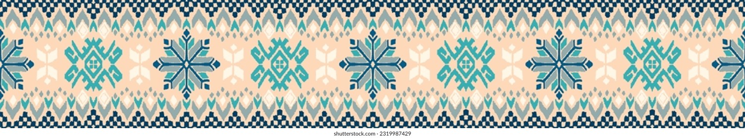 Vektornordische Ornamente. Winterskandinavisches nahtloses Muster, Grenzdesign für Modegewebe, Strick, Textilien, Kreuzstickerei. Norwegischer Hintergrund mit roten und blauen Farben