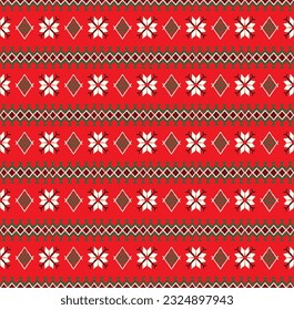 Vector nordic ornament. winter scandinavian seamless pattern, border design for fashion fabric, knit, textile, cross embroidery. Norwegian background with red and blue colors