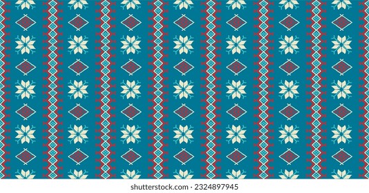 Vector nordic ornament. winter scandinavian seamless pattern, border design for fashion fabric, knit, textile, cross embroidery. Norwegian background with red and blue colors