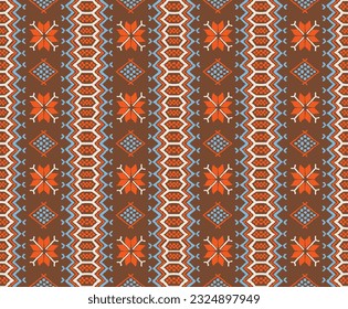 Vector nordic ornament. winter scandinavian seamless pattern, border design for fashion fabric, knit, textile, cross embroidery. Norwegian background with red and blue colors