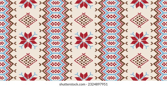 Vector nordic ornament. winter scandinavian seamless pattern, border design for fashion fabric, knit, textile, cross embroidery. Norwegian background with red and blue colors