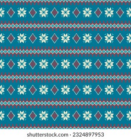 Vector nordic ornament. winter scandinavian seamless pattern, border design for fashion fabric, knit, textile, cross embroidery. Norwegian background with red and blue colors