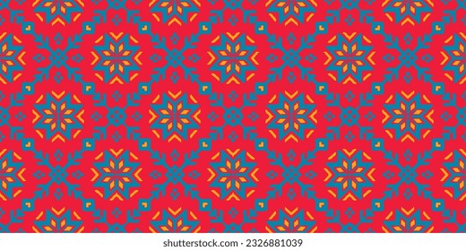 Vector nordic ornament. winter scandinavian seamless pattern, border design for fashion fabric, knit, textile, cross embroidery. Norwegian background with red and blue colors