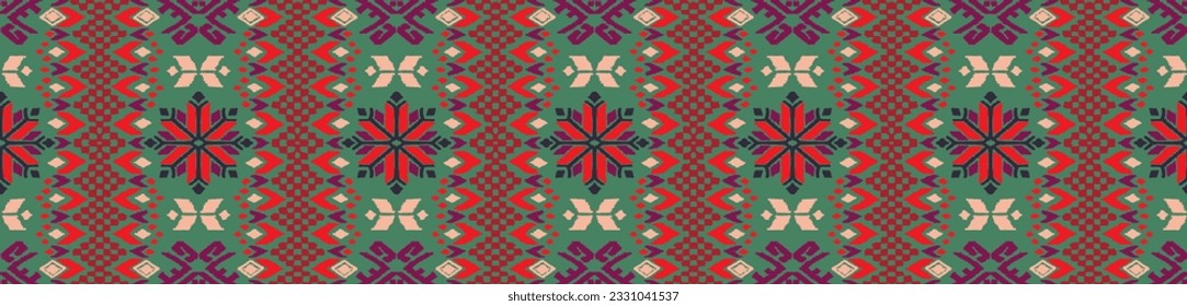 Vector nordic ornament. winter scandinavian seamless pattern, border design for fashion fabric, knit, textile, cross embroidery. Norwegian background with red and blue colors