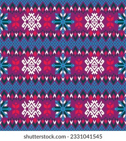 Vector nordic ornament. winter scandinavian seamless pattern, border design for fashion fabric, knit, textile, cross embroidery. Norwegian background with red and blue colors