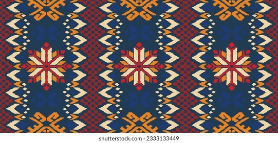 Vector nordic ornament. winter scandinavian seamless pattern, border design for fashion fabric, knit, textile, cross embroidery. Norwegian background with red and blue colors