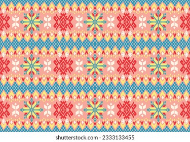 Vector nordic ornament. winter scandinavian seamless pattern, border design for fashion fabric, knit, textile, cross embroidery. Norwegian background with red and blue colors