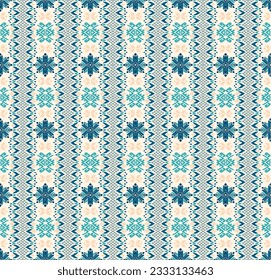 Vector nordic ornament. winter scandinavian seamless pattern, border design for fashion fabric, knit, textile, cross embroidery. Norwegian background with red and blue colors