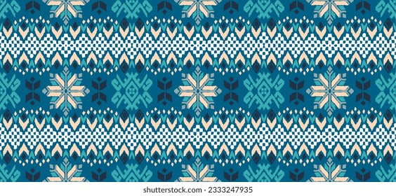 Vector nordic ornament. winter scandinavian seamless pattern, border design for fashion fabric, knit, textile, cross embroidery. Norwegian background with red and blue colors