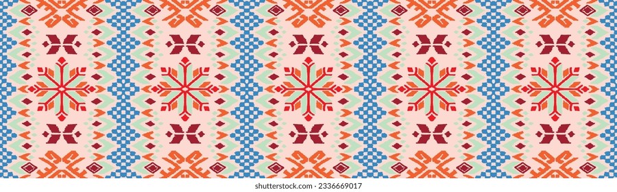 Vector nordic ornament. winter scandinavian seamless pattern, border design for fashion fabric, knit, textile, cross embroidery. Norwegian background with red and blue colors