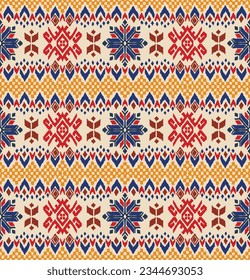 Vector nordic ornament. winter scandinavian seamless pattern, border design for fashion fabric, knit, textile, cross embroidery. Norwegian background with red and blue colors