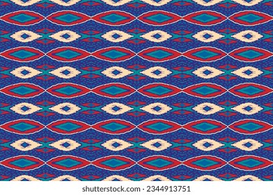 Vector nordic ornament. winter scandinavian seamless pattern, border design for fashion fabric, knit, textile, cross embroidery. Norwegian background with red and blue colors