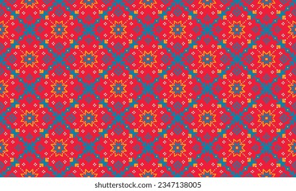 Vector nordic ornament. winter scandinavian seamless pattern, border design for fashion fabric, knit, textile, cross embroidery. Norwegian background with red and blue colors