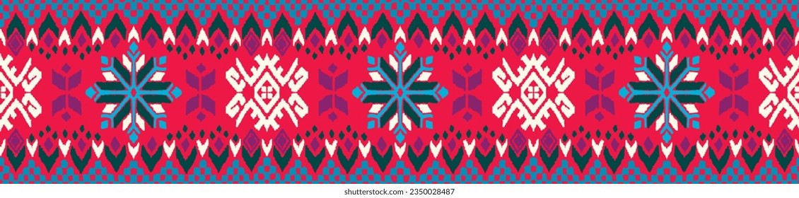 Vector nordic ornament. winter scandinavian seamless pattern, border design for fashion fabric, knit, textile, cross embroidery. Norwegian background with red and blue colors