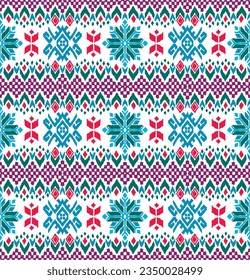 Vector nordic ornament. winter scandinavian seamless pattern, border design for fashion fabric, knit, textile, cross embroidery. Norwegian background with red and blue colors