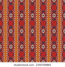Vector nordic ornament. winter scandinavian seamless pattern, border design for fashion fabric, knit, textile, cross embroidery. Norwegian background with red and blue colors