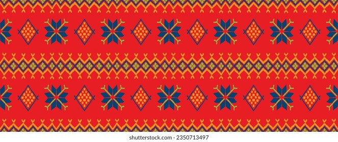 Vector nordic ornament. winter scandinavian seamless pattern, border design for fashion fabric, knit, textile, cross embroidery. Norwegian background with red and blue colors