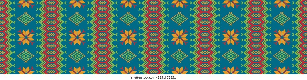 Vector nordic ornament. winter scandinavian seamless pattern, border design for fashion fabric, knit, textile, cross embroidery. Norwegian background with red and blue colors