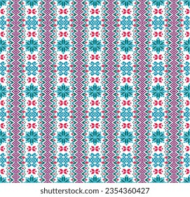 Vector nordic ornament. winter scandinavian seamless pattern, border design for fashion fabric, knit, textile, cross embroidery. Norwegian background with red and blue colors