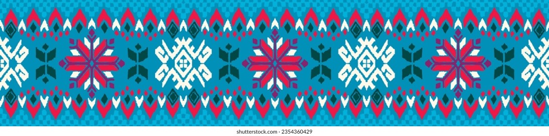 Vector nordic ornament. winter scandinavian seamless pattern, border design for fashion fabric, knit, textile, cross embroidery. Norwegian background with red and blue colors