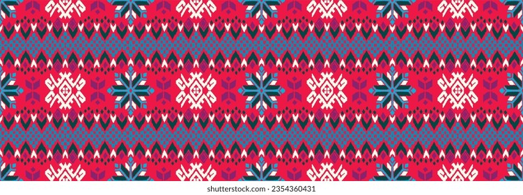 Vector nordic ornament. winter scandinavian seamless pattern, border design for fashion fabric, knit, textile, cross embroidery. Norwegian background with red and blue colors