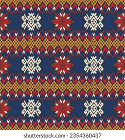 Vector nordic ornament. winter scandinavian seamless pattern, border design for fashion fabric, knit, textile, cross embroidery. Norwegian background with red and blue colors