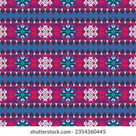 Vector nordic ornament. winter scandinavian seamless pattern, border design for fashion fabric, knit, textile, cross embroidery. Norwegian background with red and blue colors