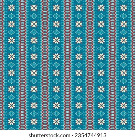 Vector nordic ornament. winter scandinavian seamless pattern, border design for fashion fabric, knit, textile, cross embroidery. Norwegian background with red and blue colors