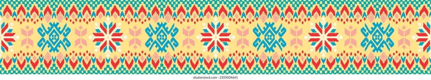 Vector nordic ornament. winter scandinavian seamless pattern, border design for fashion fabric, knit, textile, cross embroidery. Norwegian background with red and blue colors